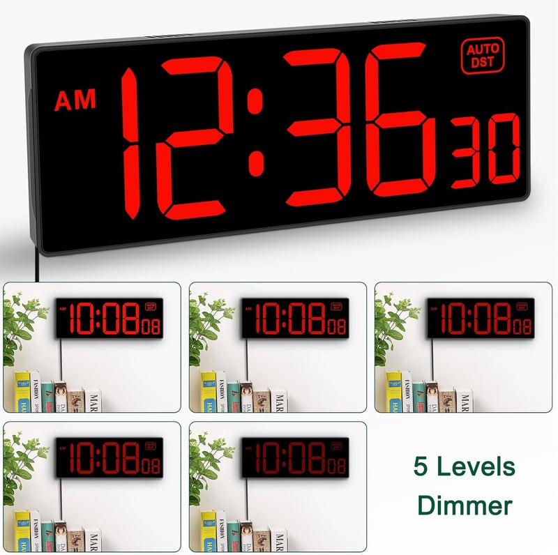 Soobest LED Digital Wall Clock, Large Digital Clock Bold Numbers with Seconds for Seniors Visually Impaired，Plug Electric Clock Dimmable Auto DST Large Display 10 Inches (Red) - Image 4