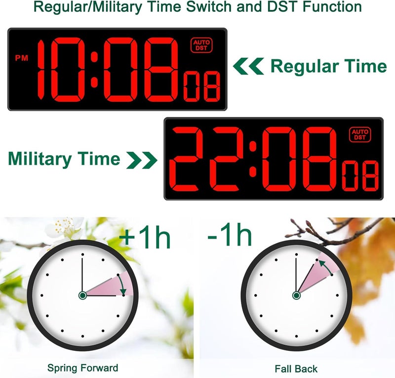 Soobest LED Digital Wall Clock, Large Digital Clock Bold Numbers with Seconds for Seniors Visually Impaired，Plug Electric Clock Dimmable Auto DST Large Display 10 Inches (Red) - Image 5