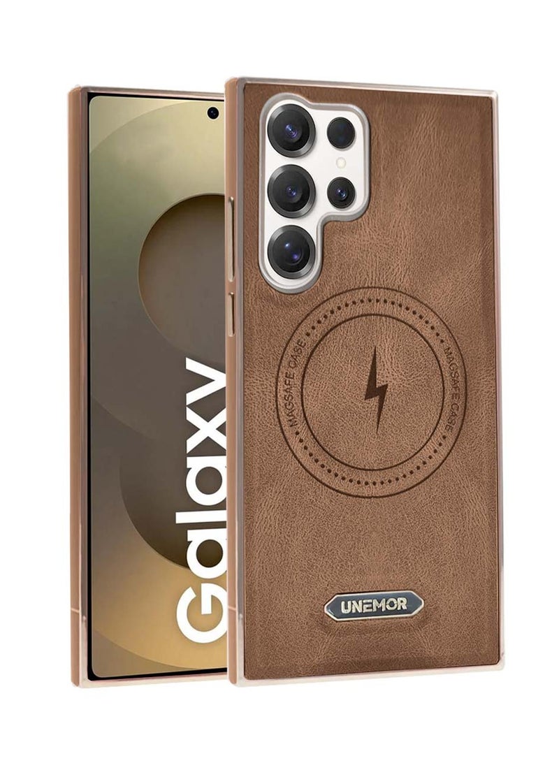 يونيمور سامسونج جالاكسي S25 الترا 5 جي 2025 غطاء أعمال Magsafe Slim من جلد البولي يوريثان مع حماية العدسة ودعم غطاء علبة الشحن اللاسلكي - بني فاتح - Image 1
