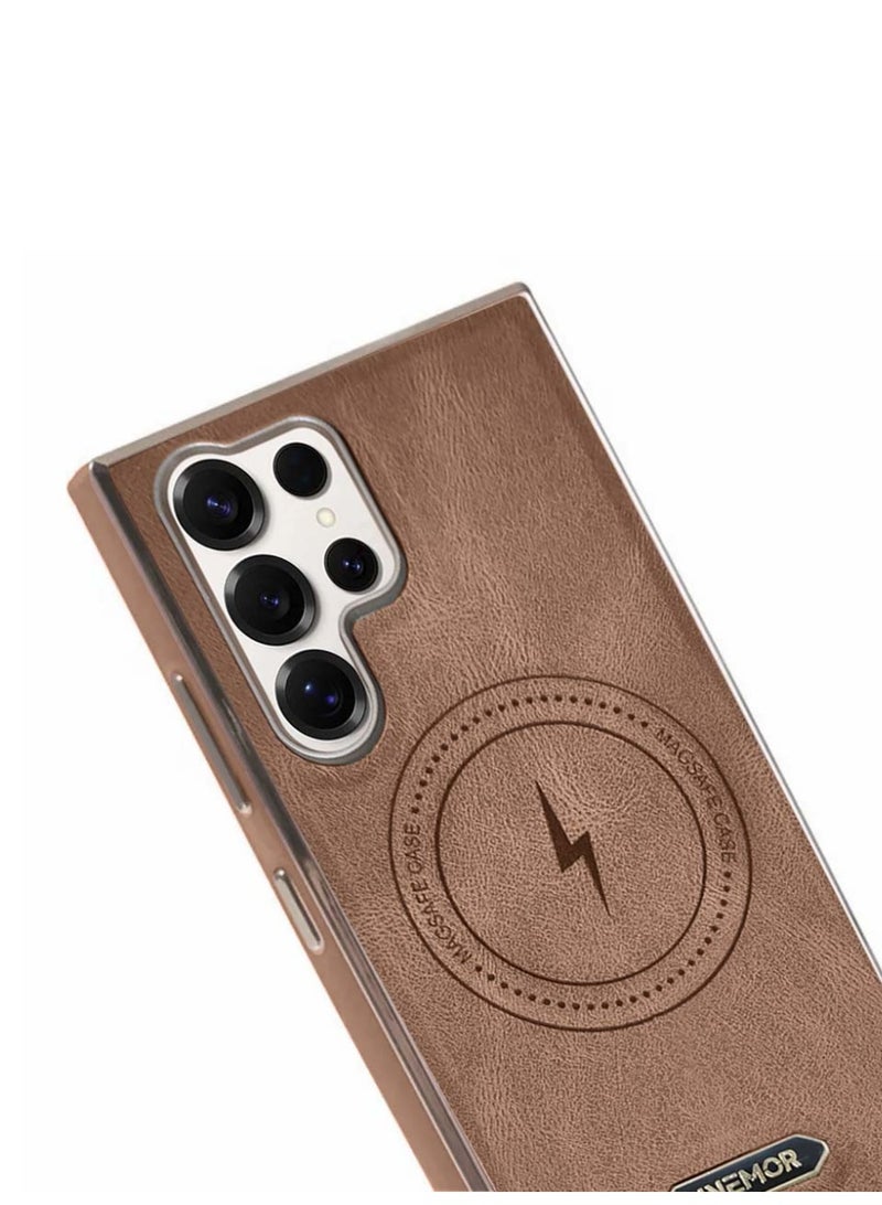 يونيمور سامسونج جالاكسي S25 الترا 5 جي 2025 غطاء أعمال Magsafe Slim من جلد البولي يوريثان مع حماية العدسة ودعم غطاء علبة الشحن اللاسلكي - بني فاتح - Image 3