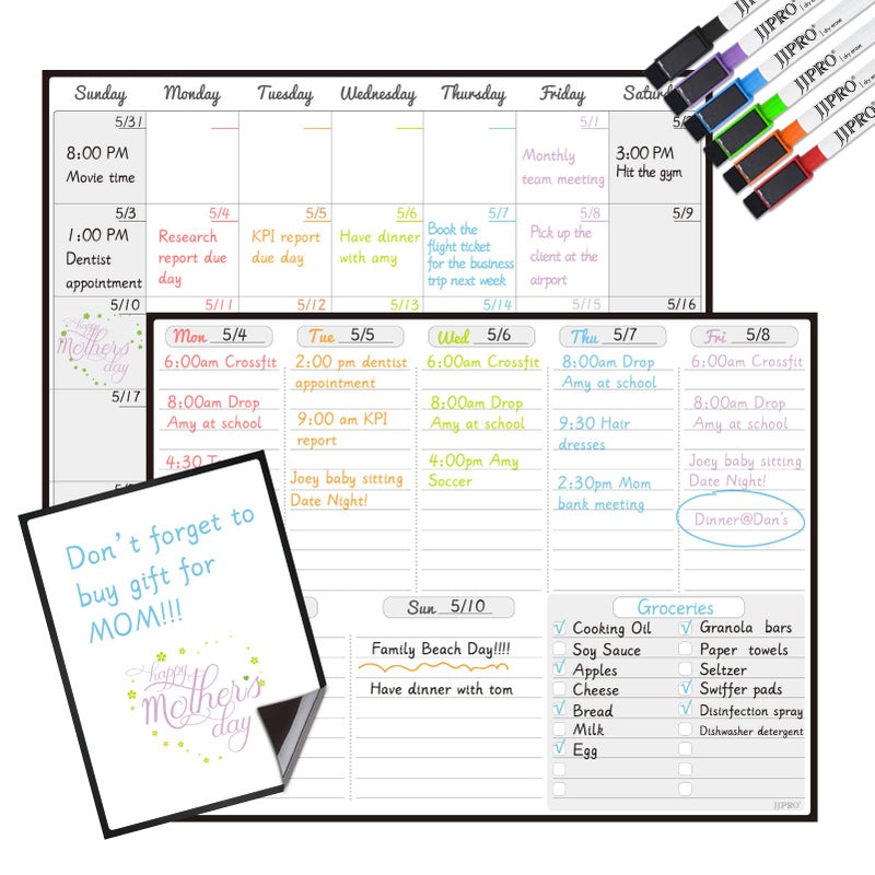 JJPRO Magnetic Dry Erase Monthly Calendar and Weekly Whiteboard for Fridge-Monthly Planner,Weekly Dry Erase Board for Refrigerators,One Bonus Notepad/to Do/Grocery List - Image 1