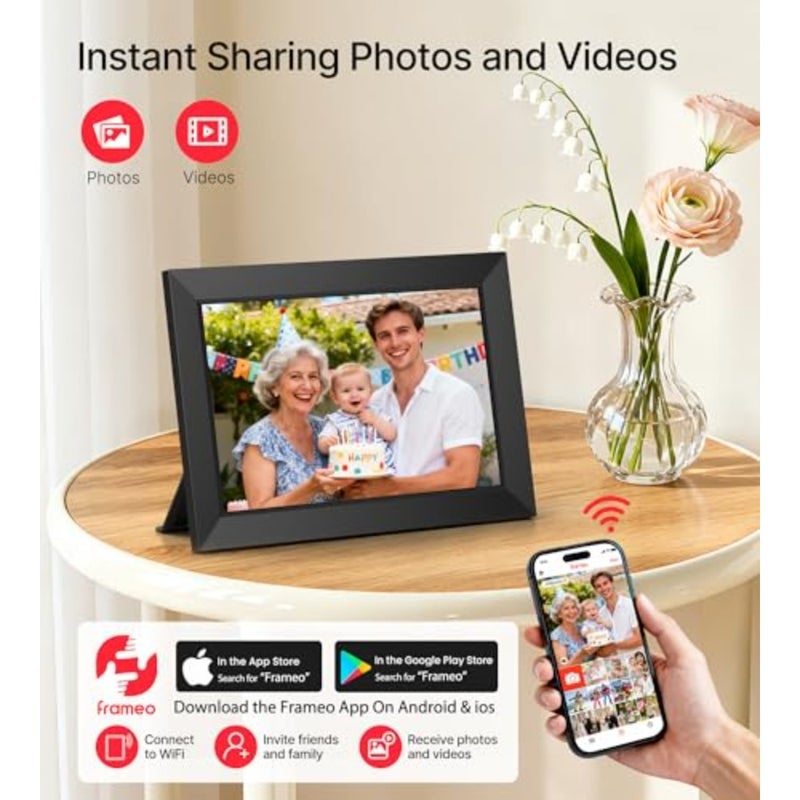 إطار صور رقمي من Frameo مقاس 10.1 بوصة، 3 حزم، شاشة لمس HD IPS، 1280 × 800، ذاكرة 32 جيجابايت، قابل للتركيب على الحائط بتدوير تلقائي، للاستخدام المنزلي/المكتب، أسود، مشاركة سحابية سريعة عبر التطبيق - Image 2