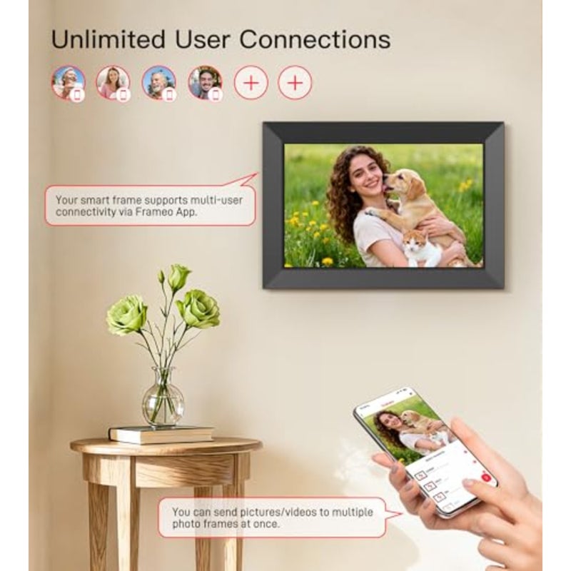 إطار صور رقمي من Frameo مقاس 10.1 بوصة، 3 حزم، شاشة لمس HD IPS، 1280 × 800، ذاكرة 32 جيجابايت، قابل للتركيب على الحائط بتدوير تلقائي، للاستخدام المنزلي/المكتب، أسود، مشاركة سحابية سريعة عبر التطبيق - Image 5