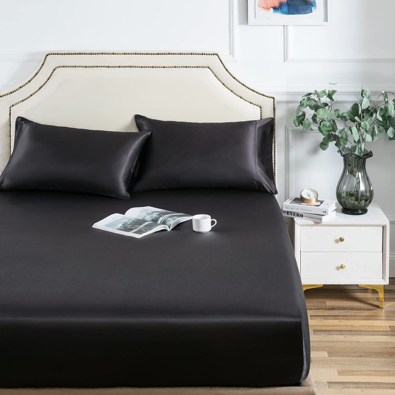 Luxbedding Satin Fitted Sheet, Full Fitted Sheet Only, 1 - Piece Ultra Soft Deep Pocket Single Silk Bottom Bed Sheet Full - Black - Image 1