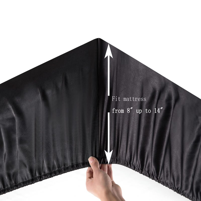 Luxbedding Satin Fitted Sheet, Full Fitted Sheet Only, 1 - Piece Ultra Soft Deep Pocket Single Silk Bottom Bed Sheet Full - Black - Image 4