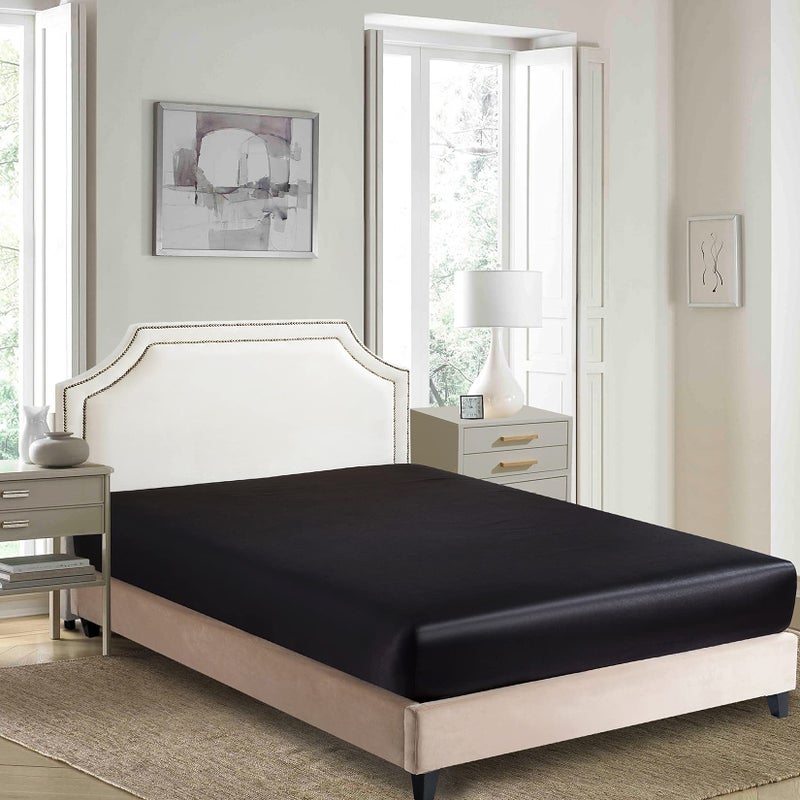 Luxbedding Satin Fitted Sheet, Full Fitted Sheet Only, 1 - Piece Ultra Soft Deep Pocket Single Silk Bottom Bed Sheet Full - Black - Image 2