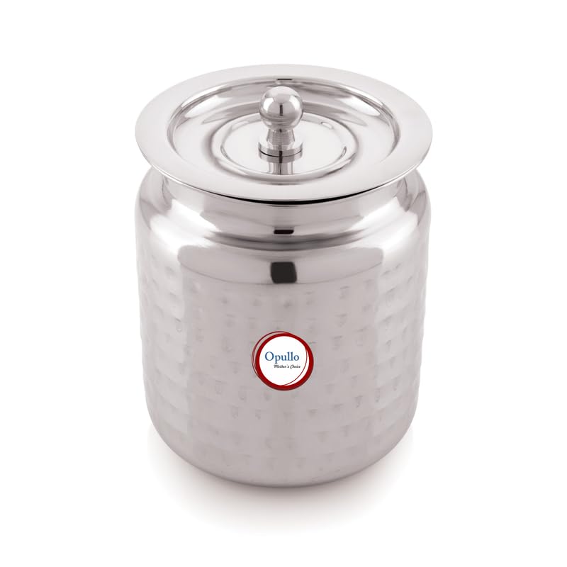 Opullo Stainless Steel Ghee Pot with Spoon | Oil Containers For Kitchen | Ghee Container with Spoon 1000 Ml Hammered Finish - Image 3