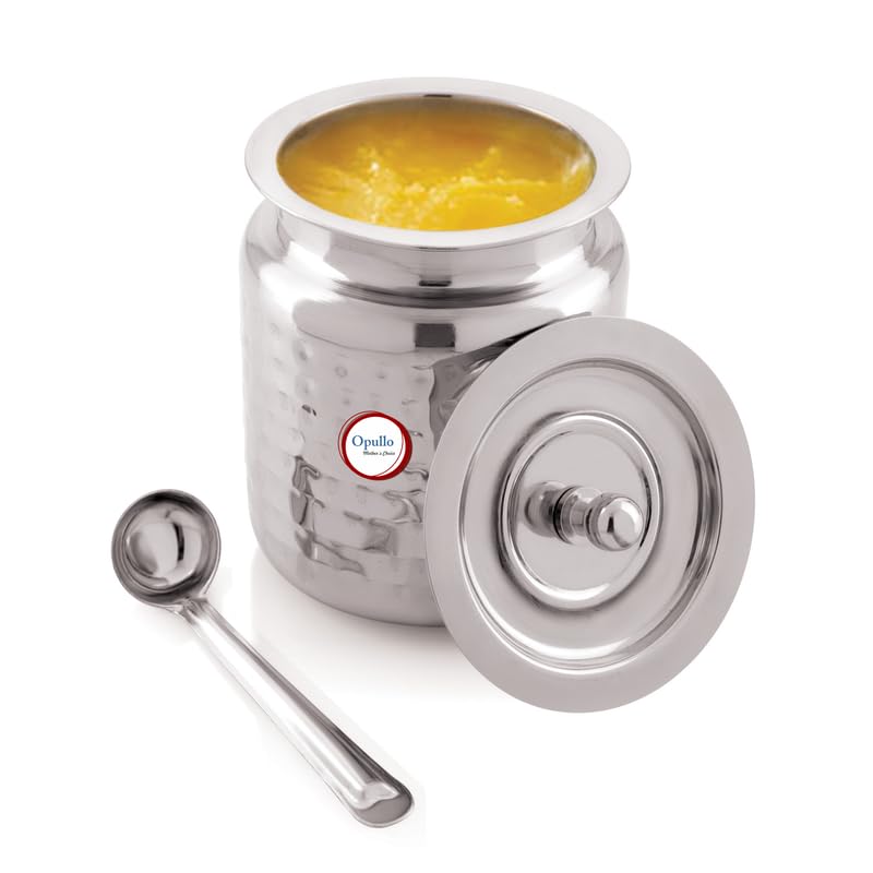 Opullo Stainless Steel Ghee Pot with Spoon | Oil Containers For Kitchen | Ghee Container with Spoon 1000 Ml Hammered Finish - Image 1