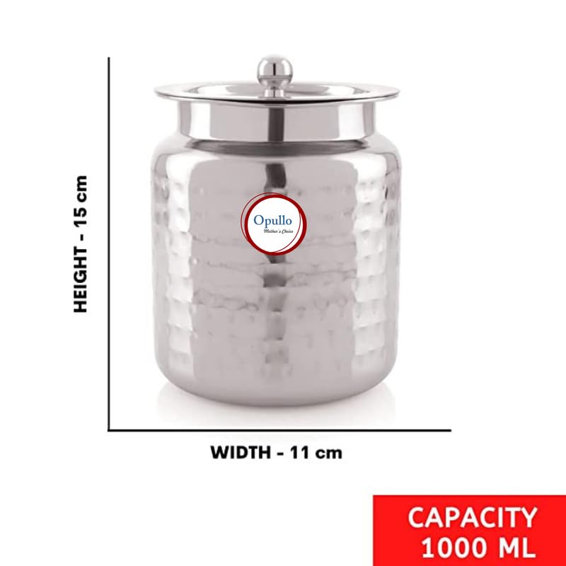 Opullo Stainless Steel Ghee Pot with Spoon | Oil Containers For Kitchen | Ghee Container with Spoon 1000 Ml Hammered Finish - Image 4