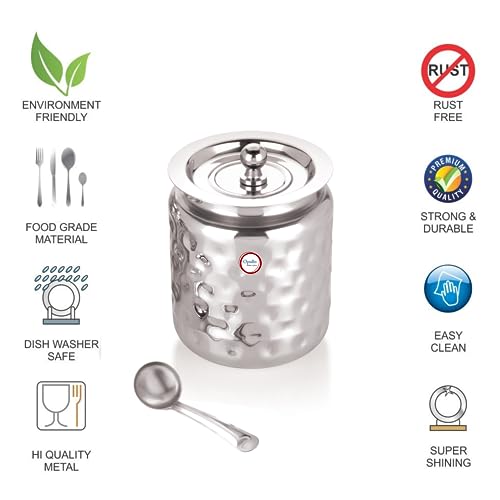 Opullo Stainless Steel Ghee Pot with Spoon | Oil Containers For Kitchen | Ghee Container with Spoon 1000 Ml Hammered Finish - Image 5
