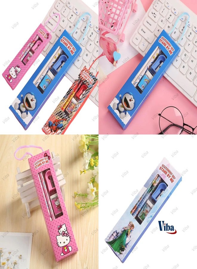 VIBA® Stationery Gift Set with Handle (Pack of 12) - Cartoon Theme Birthday Return Gifts with 2 Pencils, Scale, Eraser, Sharpener and Theme Pouch for Boys and Girls (Assorted) - Image 4