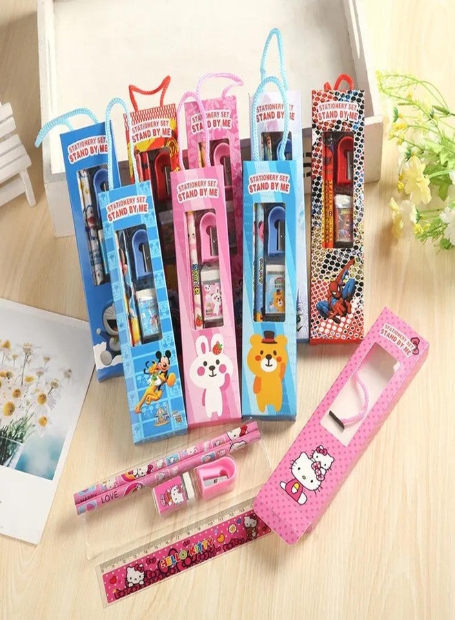 VIBA® Stationery Gift Set with Handle (Pack of 12) - Cartoon Theme Birthday Return Gifts with 2 Pencils, Scale, Eraser, Sharpener and Theme Pouch for Boys and Girls (Assorted) - Image 1