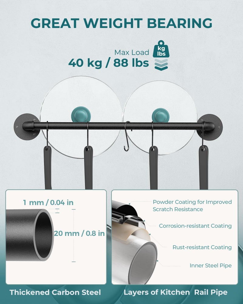 OROPY Wall Mounted Pot Pan Rack 21'' Set of 2, Industrial Utensils Wall Hanger Iron Pipe Kitchen Hanging Rail with 10 S Hooks - Image 5