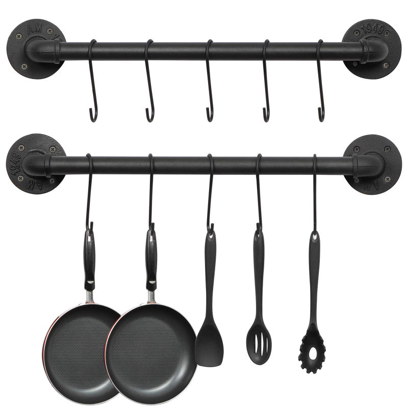 OROPY Wall Mounted Pot Pan Rack 21'' Set of 2, Industrial Utensils Wall Hanger Iron Pipe Kitchen Hanging Rail with 10 S Hooks - Image 1