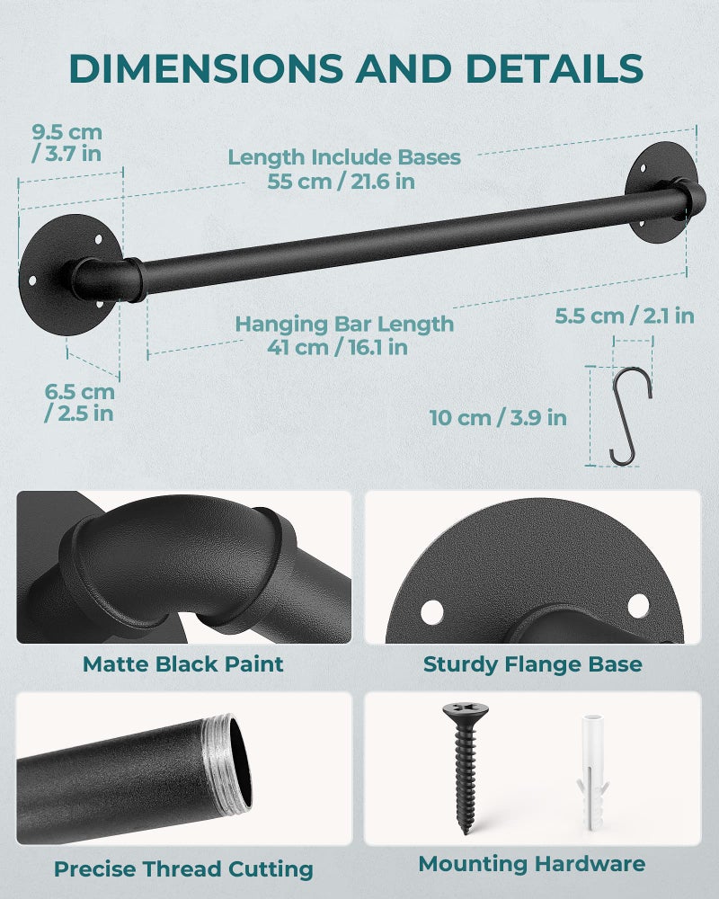 OROPY Wall Mounted Pot Pan Rack 21'' Set of 2, Industrial Utensils Wall Hanger Iron Pipe Kitchen Hanging Rail with 10 S Hooks - Image 3