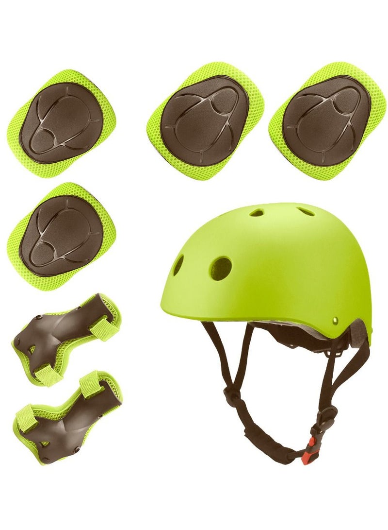 Roller Skating Protective Gear, Children's Helmet Set of Riding Elbow Wristband, Skateboard Skates Balance Bike Helmet Knee Pads, 7 pcs (Green)  - Image 1