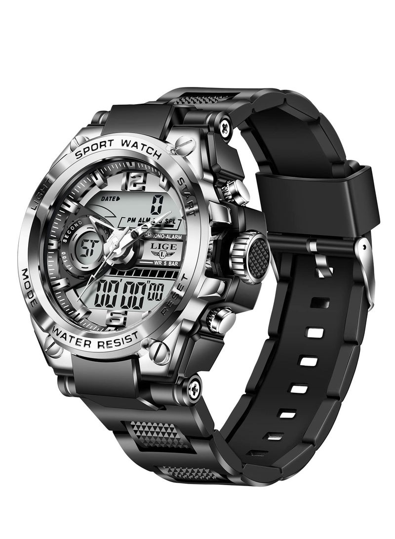 SYOSI ساعات رياضية رقمية للرجال، ساعات يد متعددة الوظائف مضادة للماء بمينا كبيرة وساعة توقيت إلكترونية للرجال مزودة بمنبه LED تكتيكي - Image 1