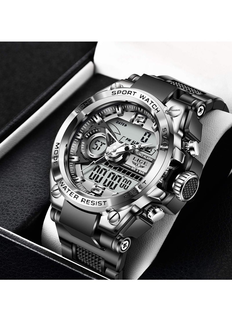 SYOSI ساعات رياضية رقمية للرجال، ساعات يد متعددة الوظائف مضادة للماء بمينا كبيرة وساعة توقيت إلكترونية للرجال مزودة بمنبه LED تكتيكي - Image 4