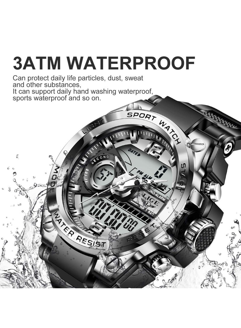 SYOSI ساعات رياضية رقمية للرجال، ساعات يد متعددة الوظائف مضادة للماء بمينا كبيرة وساعة توقيت إلكترونية للرجال مزودة بمنبه LED تكتيكي - Image 5