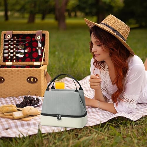 XBEY Oxford Cloth, Aluminum Foil, Pearl Cotton Insulated Lunch Box,Double-Layer Lunch Tote - Double-Layer Lunch Bag Insulated Hot Cold Travel Lunch Bag Food Storage Bag with Handle (Grey), 2 Liter - Image 4