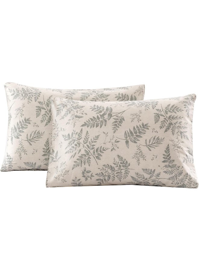 ECOCOTT 2 Pack Pillowcase Queen Size with Green Botanical Plant Leaves Pattern Pillow Cases Set, 100% Cotton Queen Pillow Covers Envelope Closure (Queen, 20"x30") - Image 1