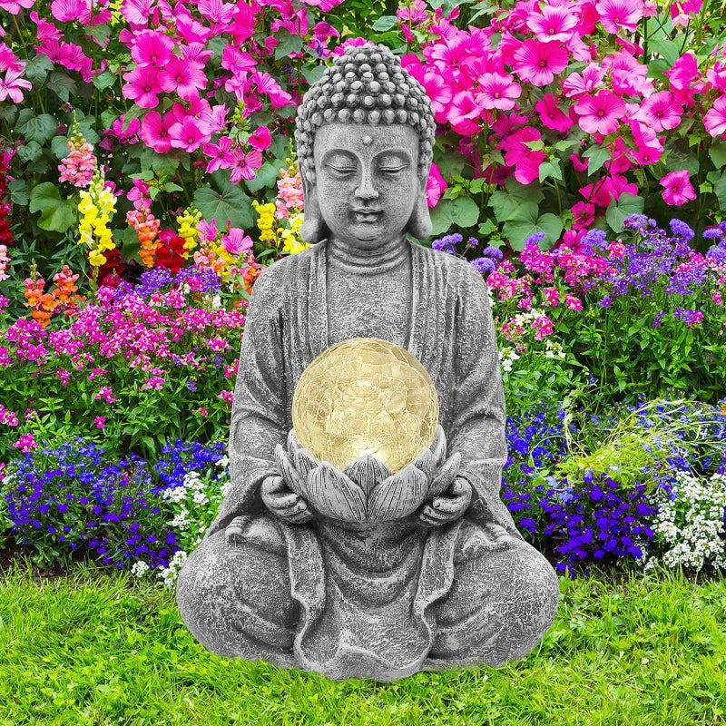 Nacome Meditating Buddha Statue with Solar LightZen Solar Garden Buddha with Cracked Glass Ball SculptureIndoorOutdoor Decor for BalconyGardenPatioPorch Yard Art OrnamentGift