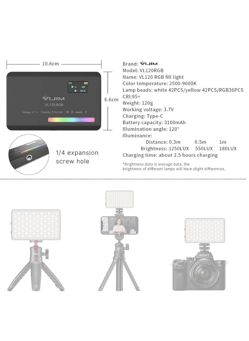 Generic - VL120 LED Video Light on Camera, Mini Rechargeable 120 LED Photography Lighting Fill Lamp 3200K-6500K Bi-Color Dimmable, CRI95+, Built-in 3100mAh Battery for Canon Nikon Sony DSLR Cameras - Image 1