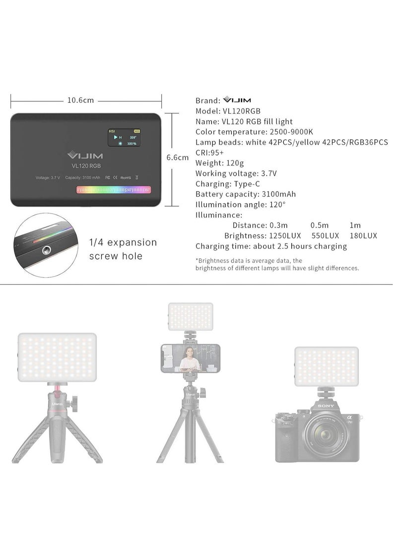 VL120 LED Video Light on Camera, Mini Rechargeable 120 LED Photography Lighting Fill Lamp 3200K-6500K Bi-Color Dimmable, CRI95+, Built-in 3100mAh Battery for Canon Nikon Sony DSLR Cameras - Image 5