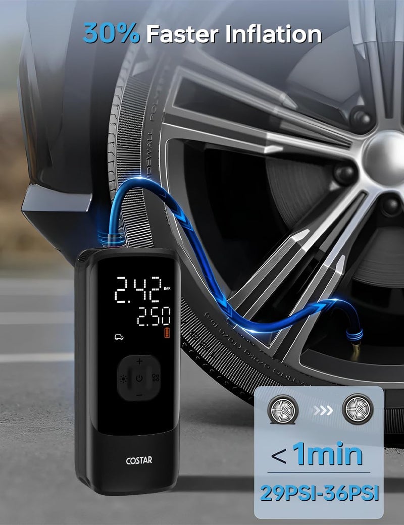 COSTAR Air Compressor Tyre Inflator for Car, 50Psi Cordless with Accurate Pressure LCD Display, 4000Mah Portable Air Pump, 2X Faster Inflation, Suitable for Motorcycle, Cycle, E-Bikes, Black - Image 2