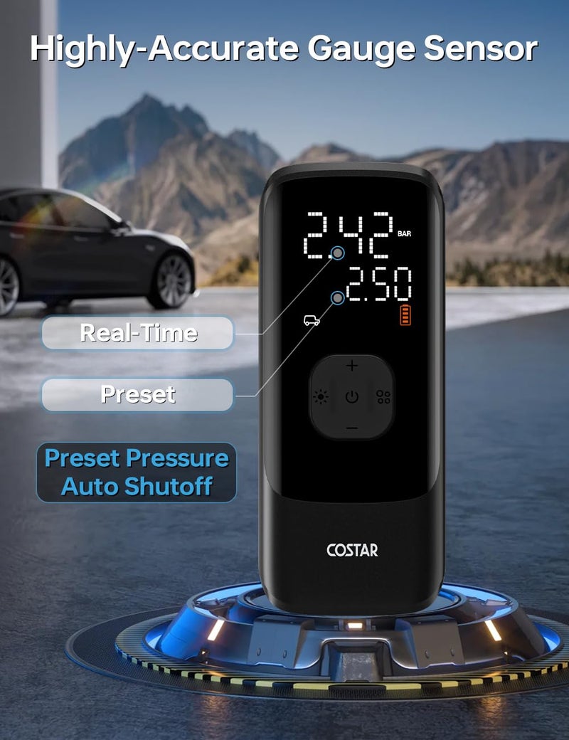 COSTAR Air Compressor Tyre Inflator for Car, 50Psi Cordless with Accurate Pressure LCD Display, 4000Mah Portable Air Pump, 2X Faster Inflation, Suitable for Motorcycle, Cycle, E-Bikes, Black - Image 4