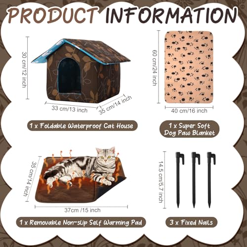 Ylinge Cat House Outdoor Waterproof Houses for Feral Cats Dogs Pet Shelter Collapsible Dog House with Self Warming Pad Blanket 3 Pcs Tent Stakes14 x 12 x 13 Inch - Image 3
