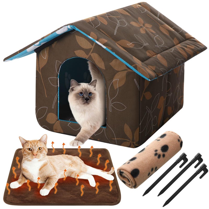 Ylinge Cat House Outdoor Waterproof Houses for Feral Cats Dogs Pet Shelter Collapsible Dog House with Self Warming Pad Blanket 3 Pcs Tent Stakes14 x 12 x 13 Inch - Image 2