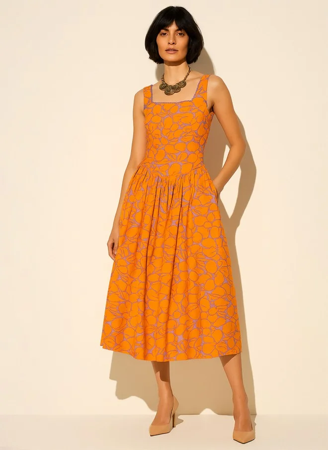 SASSAFRAS Floral Print Drop-Waist Midi Dress for Women