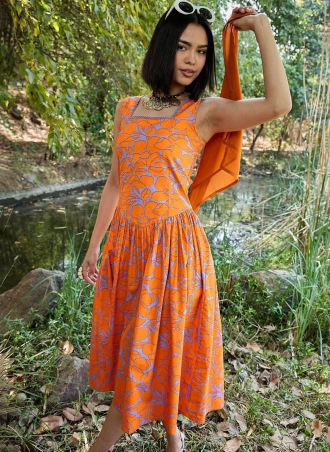 SASSAFRAS Floral Print Drop-Waist Midi Dress for Women