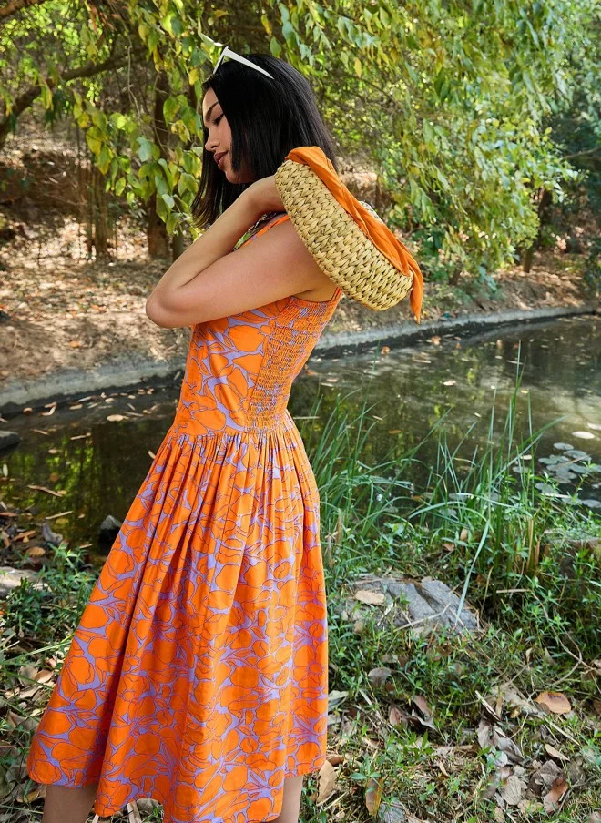 SASSAFRAS Floral Print Drop-Waist Midi Dress for Women