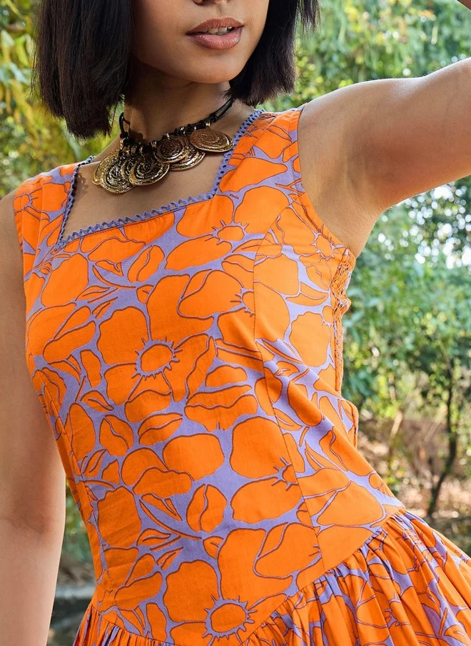 SASSAFRAS Floral Print Drop-Waist Midi Dress for Women