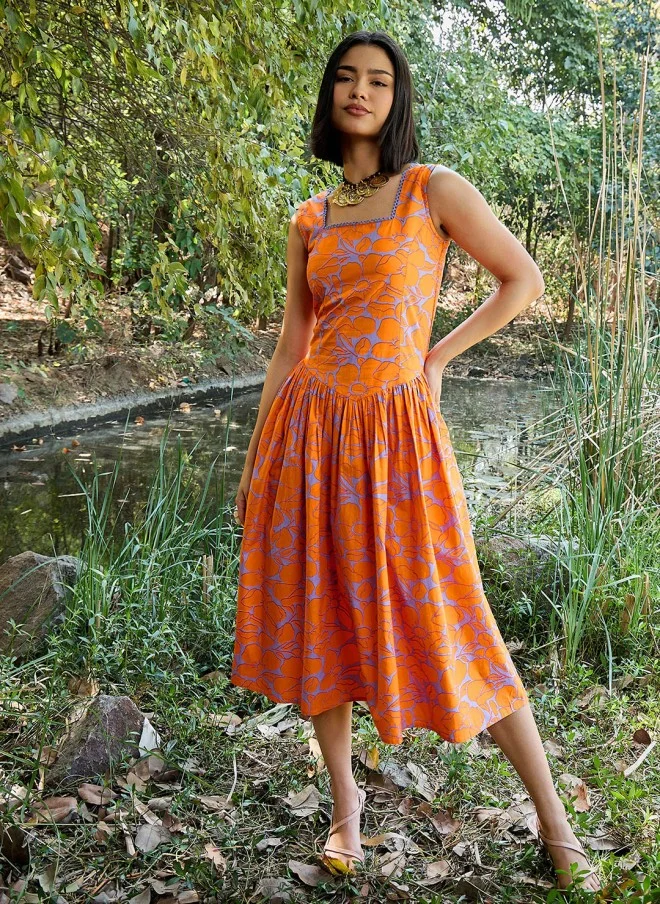 SASSAFRAS Floral Print Drop-Waist Midi Dress for Women