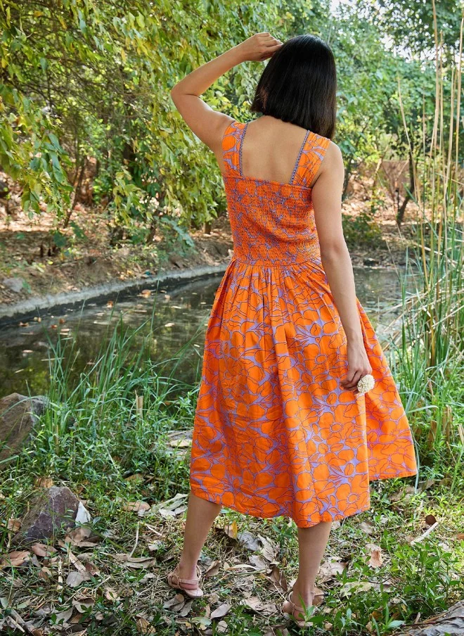 SASSAFRAS Floral Print Drop-Waist Midi Dress for Women