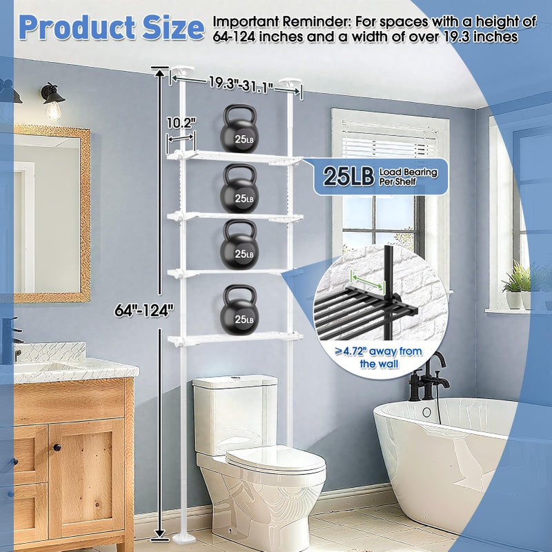 SUNALLY Over The Toilet Storage Shelf, 4-Tier Adjustable Over Toilet Bathroom Organizer,Tension-Mounted Bathroom Storage Rack for Ceilings, No Drill Space-Saving Shelving for Small Rooms,White - Image 2