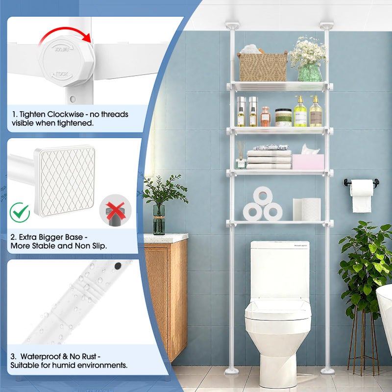 SUNALLY Over The Toilet Storage Shelf, 4-Tier Adjustable Over Toilet Bathroom Organizer,Tension-Mounted Bathroom Storage Rack for Ceilings, No Drill Space-Saving Shelving for Small Rooms,White - Image 3