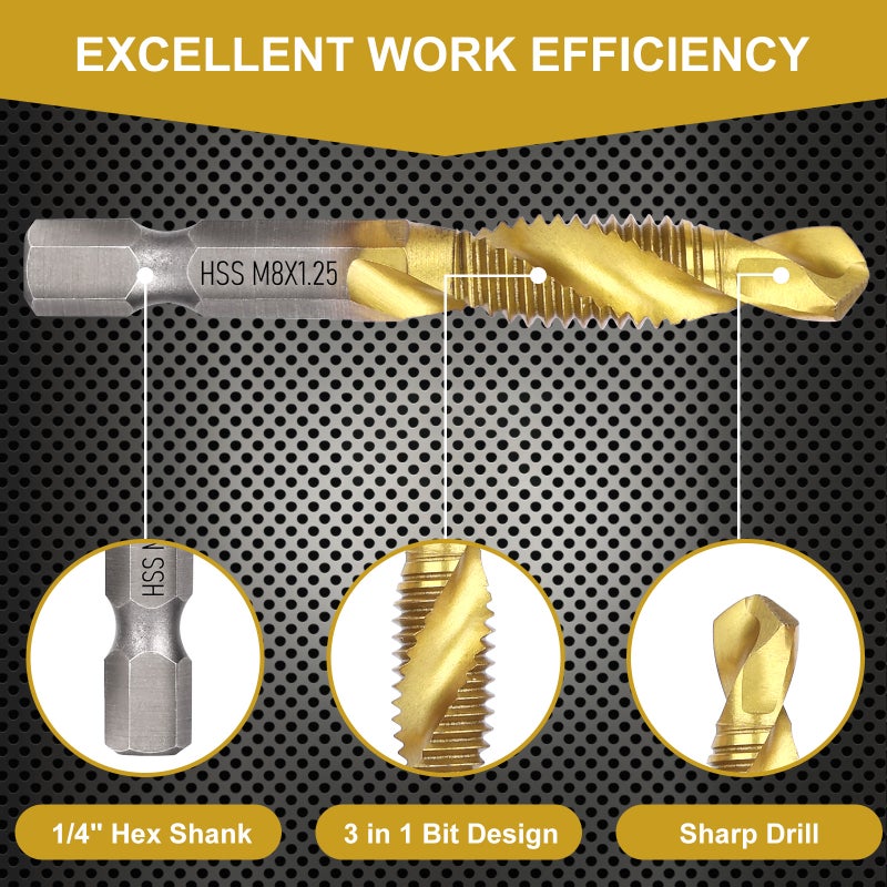 Combination Drill & Tap Bit Set, 6 pc SAE (6-32NC ~ 1/4-20NC) and 6 pc Metric (M3 ~ M10) Titanium Coated Drill Bits Kit for Drilling Screw Threads Tapping Countersinking, with Quick Change Adapter - Image 5