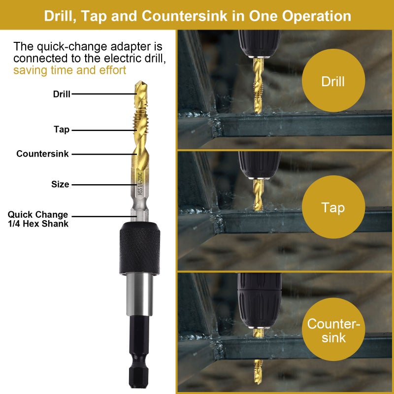 Combination Drill & Tap Bit Set, 6 pc SAE (6-32NC ~ 1/4-20NC) and 6 pc Metric (M3 ~ M10) Titanium Coated Drill Bits Kit for Drilling Screw Threads Tapping Countersinking, with Quick Change Adapter - Image 3