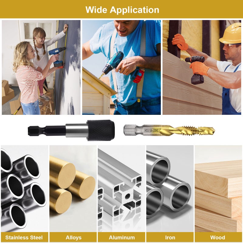 Combination Drill & Tap Bit Set, 6 pc SAE (6-32NC ~ 1/4-20NC) and 6 pc Metric (M3 ~ M10) Titanium Coated Drill Bits Kit for Drilling Screw Threads Tapping Countersinking, with Quick Change Adapter - Image 2