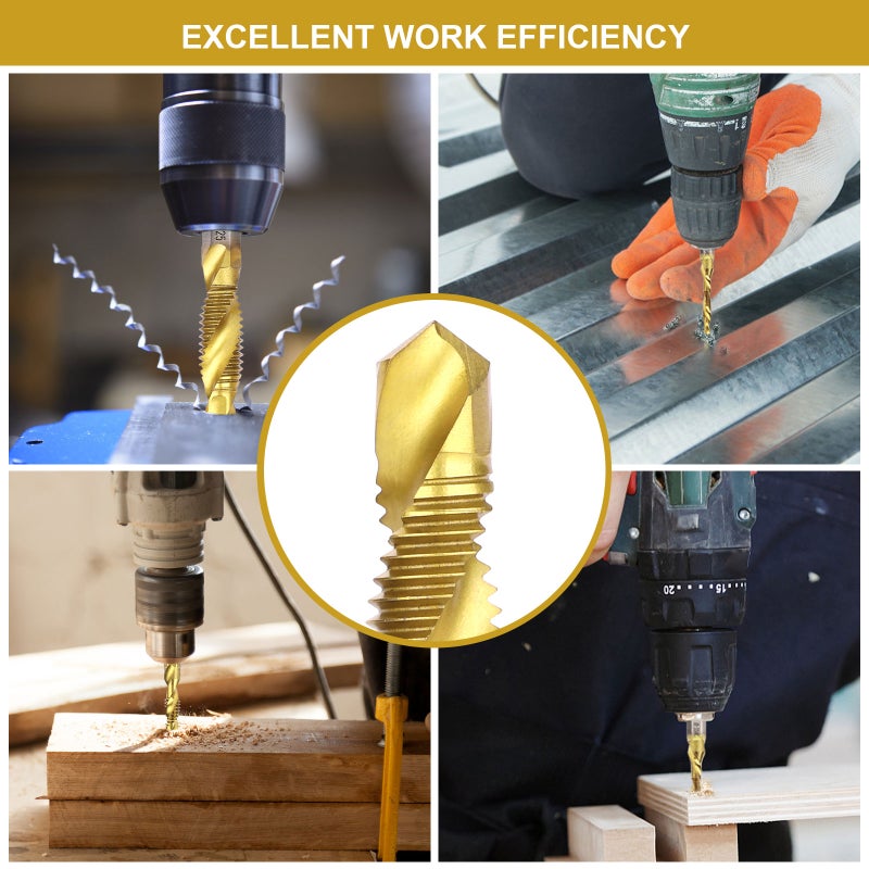 Combination Drill & Tap Bit Set, 6 pc SAE (6-32NC ~ 1/4-20NC) and 6 pc Metric (M3 ~ M10) Titanium Coated Drill Bits Kit for Drilling Screw Threads Tapping Countersinking, with Quick Change Adapter - Image 4