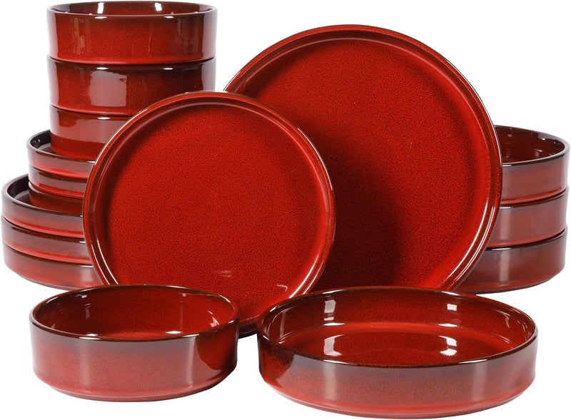 Bloomhouse Oprahs Favorite Things  Santorini Mist Double Bowl Terracotta Reactive Glaze Plates and Bowls Dinnerware Set  Garnet Red Service for Four 16pcs - Image 1