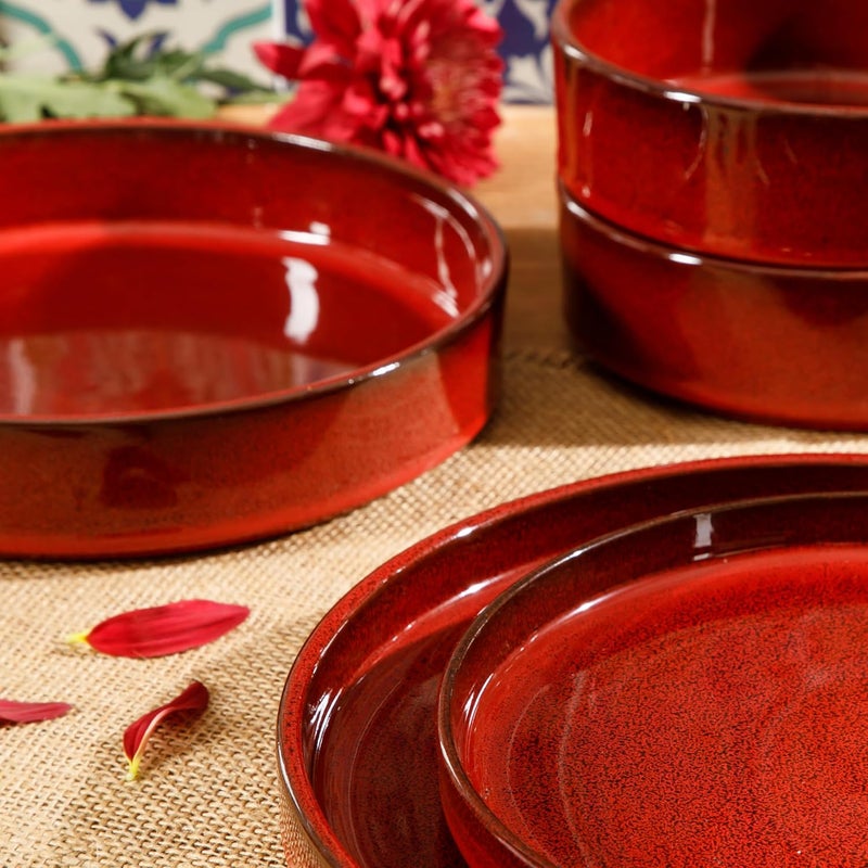 Bloomhouse Oprahs Favorite Things  Santorini Mist Double Bowl Terracotta Reactive Glaze Plates and Bowls Dinnerware Set  Garnet Red Service for Four 16pcs - Image 4