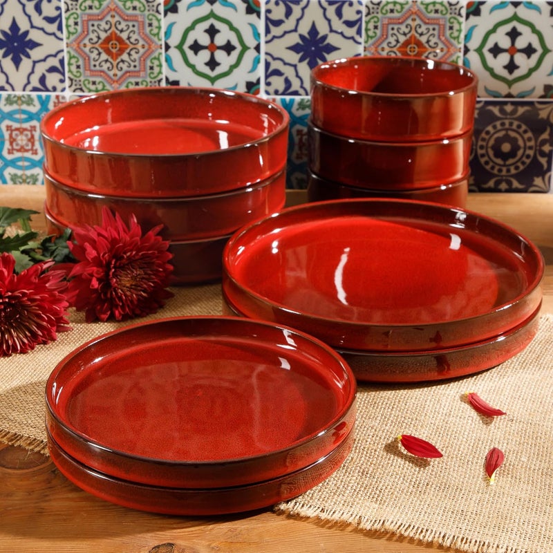 Bloomhouse Oprahs Favorite Things  Santorini Mist Double Bowl Terracotta Reactive Glaze Plates and Bowls Dinnerware Set  Garnet Red Service for Four 16pcs - Image 5