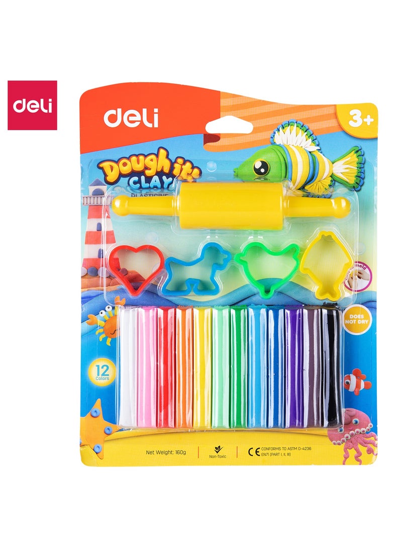 Deli دلي ED75041-CN بلاستيسين 12 لون 160غ مع 4 قوالب وعجلة لف - مثالي للتعليم في مرحلة الطفولة المبكرة واللعب الإبداعي - Image 1