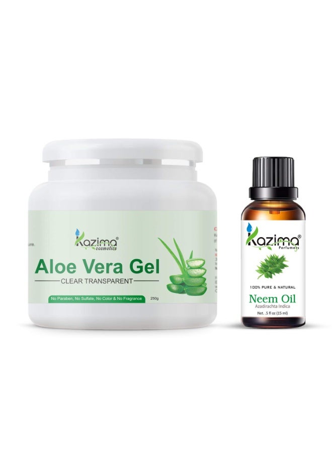 KAZIMA Combo of Aloe Vera Gel 250g & Neem Carrier Oil 15ml - 100% Pure & Natural for Skin, Face, Acne Scars, Hair, Moisturizer & Dark Circles (Combo of 2) - Image 1