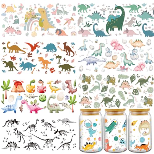 Rngmsi UV DTF Cup Wraps - 8 Sheets Dinosaur UV DTF Wraps for 16 oz Glass Cups DIY Wood Crafts Water Bottle - Image 1
